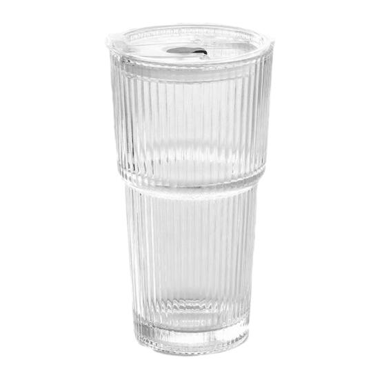Ribbed Glass Cup with Lid And Straw, 600ml Large Capacity Iced Coffee Tumbler, Reusable Cold Drink Cup for Home Office Travel Use