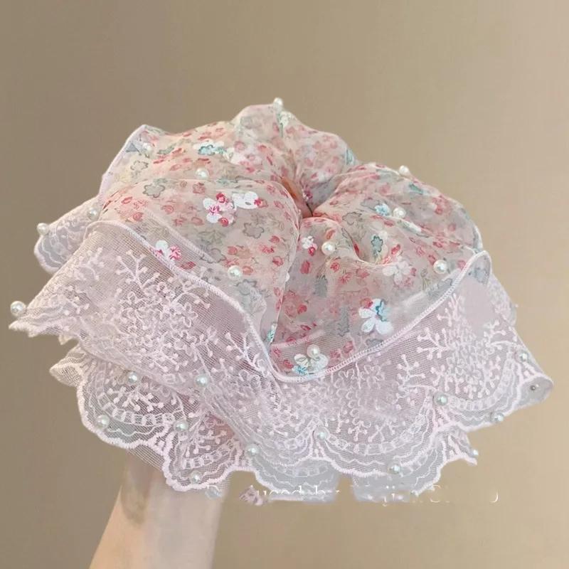 Women s High-End Summer Organza Lace Floral Scrunchie Hair Tie for Back-of-Head Ponytail Hair Tie розовый