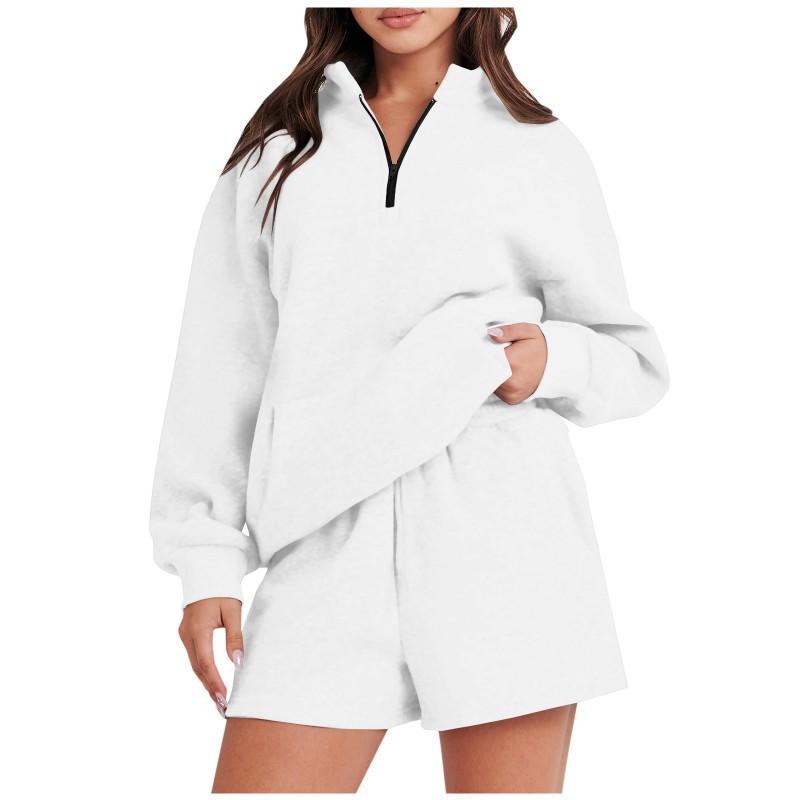 Womens Solid Color Long Sleeve Hoodie Shorts Set Winter 2026 Comfortable Casual Lounge Outfit