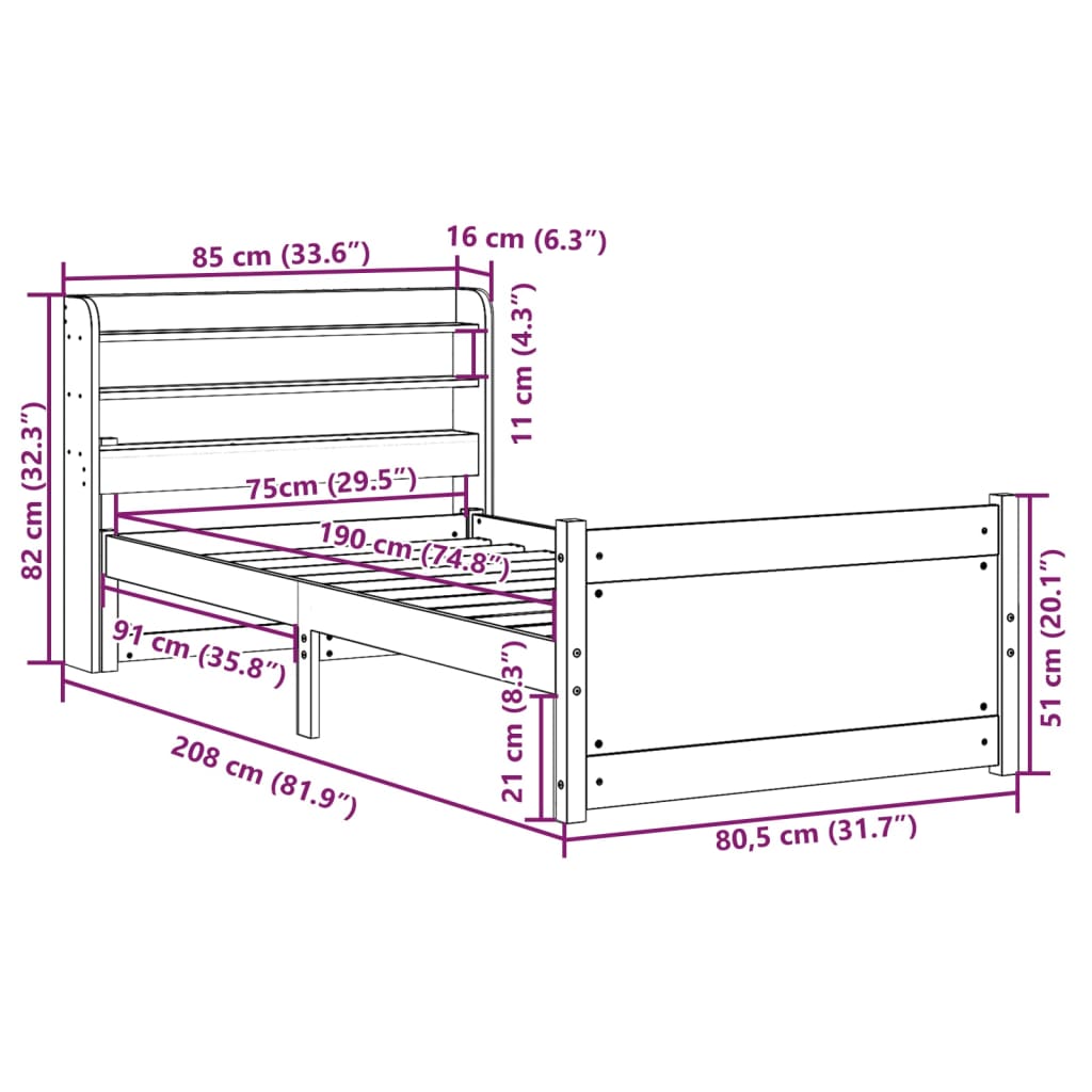 Wooden Bed Frame with Headboard Without Mattress 75x190 Cm