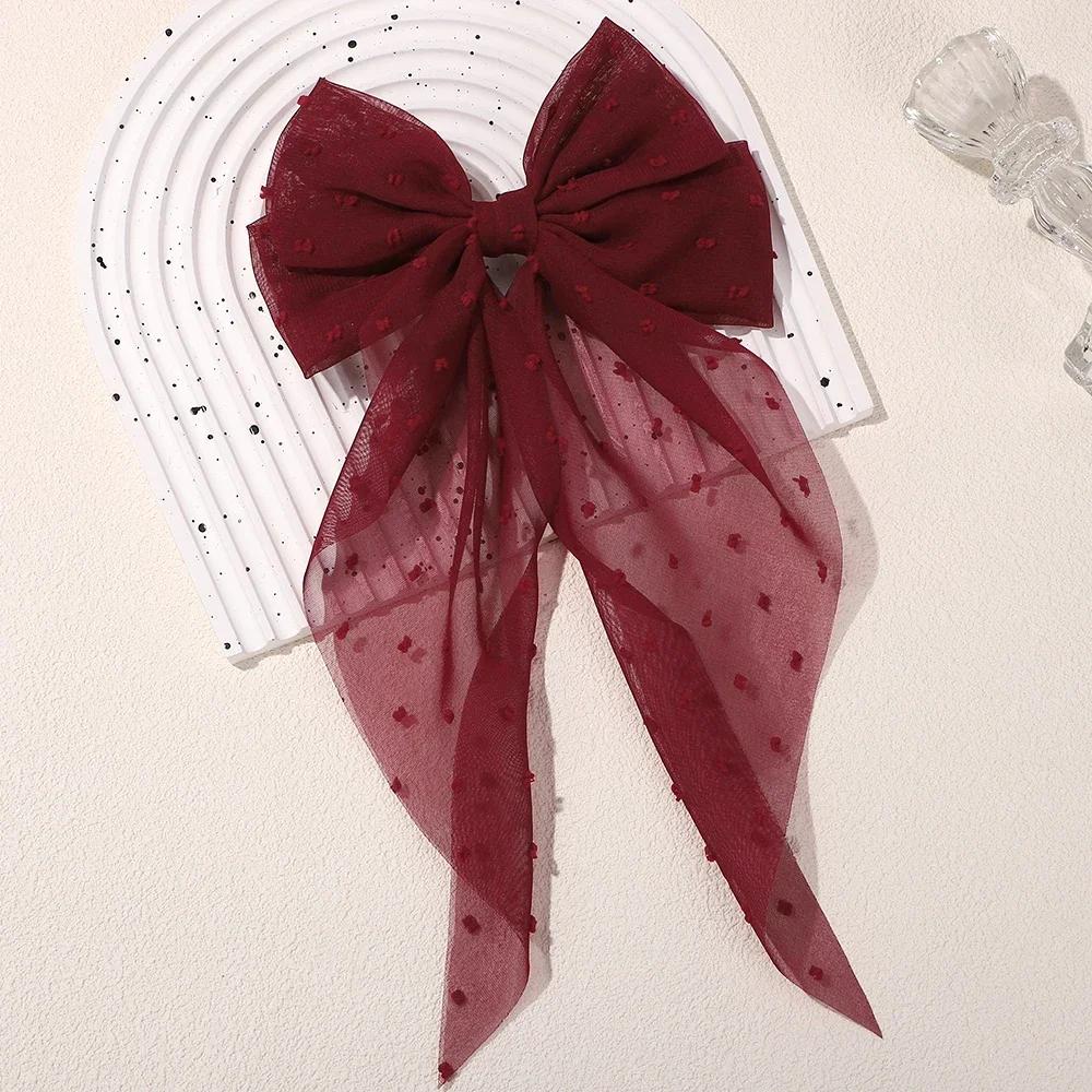 3Styles Girls Long Big Bow Float Satin Clips Back Head Hair Clip Wine Red with The Same Temperament Elegant Hair Accessories