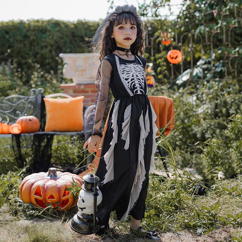 Halloween Costumes Kids Girls Dark Demon Ghost Bride Long Dress Vampire Skull Zombie Costumes Kids Costumes