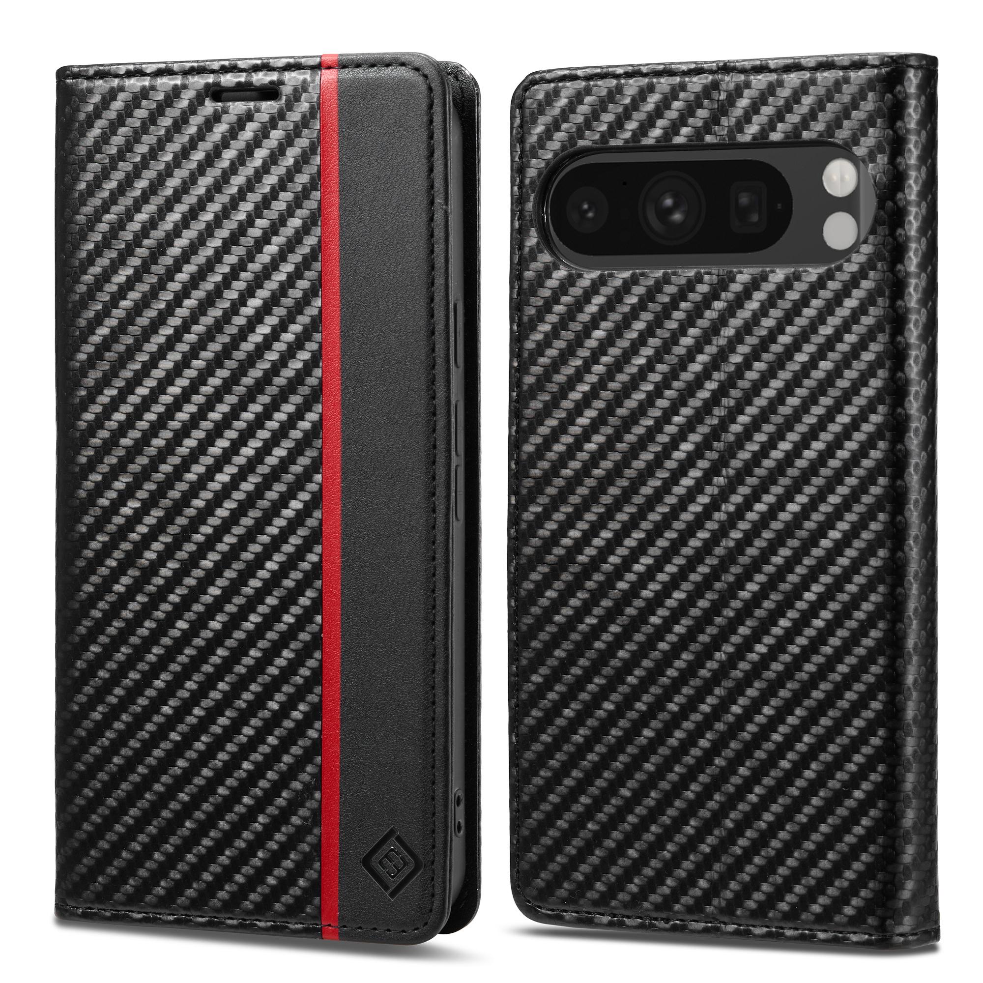 

LC.IMEEKE For Google Pixel 9 Pro XL Wallet Case Carbon Fiber Texture Leather Flip Phone Cover Vertical Stripe