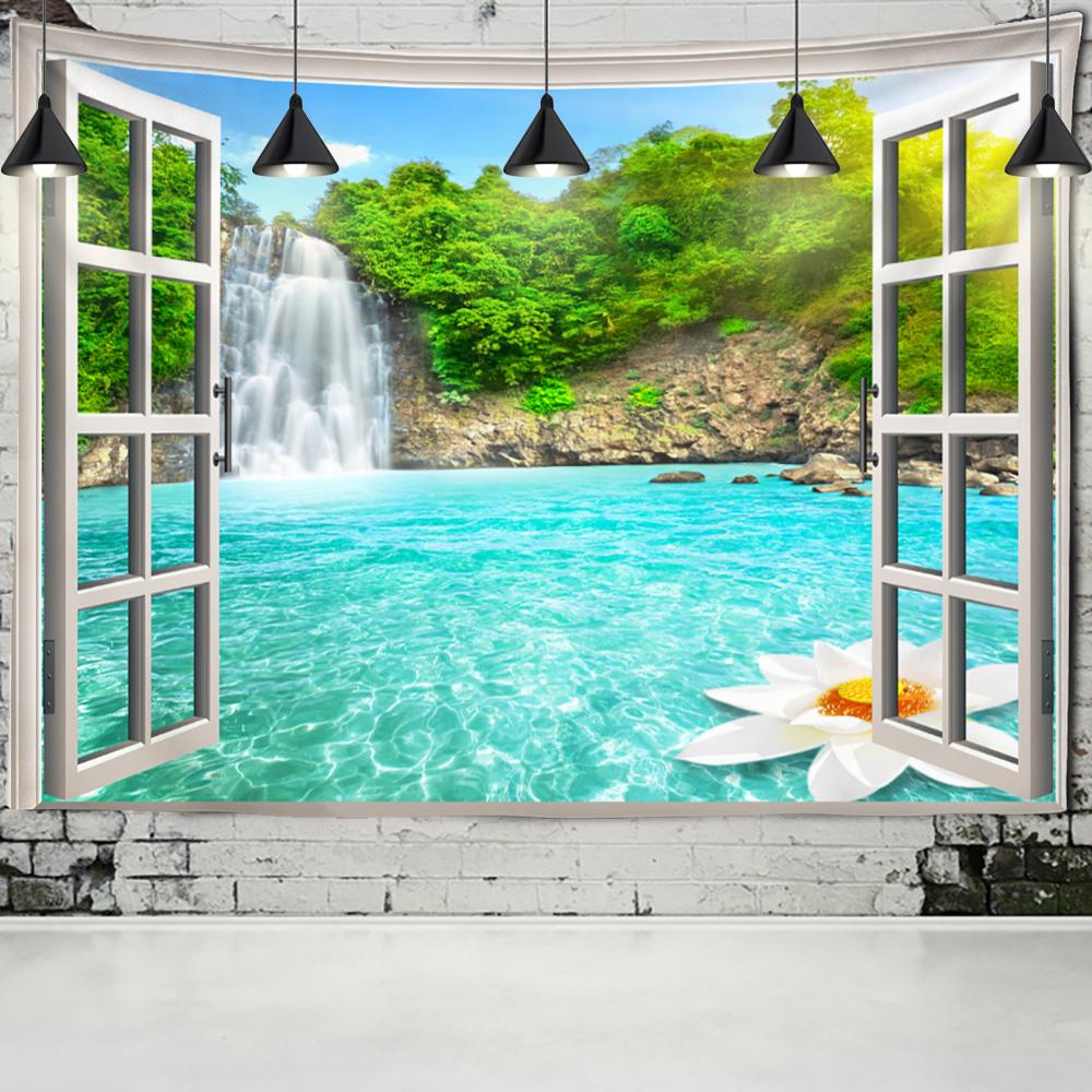 Sea Turtle Window Landscape Tapestry Wall Hanging Bohemian Psychedelic Mystery Imitation Window Home Art Decor