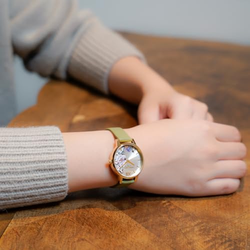 Authorized Dealer [OLIVIA BURTON] Olivia Burton Women's Watch 24000228 Illustrated Floral Midi Ivory Gold Sage Green Leather