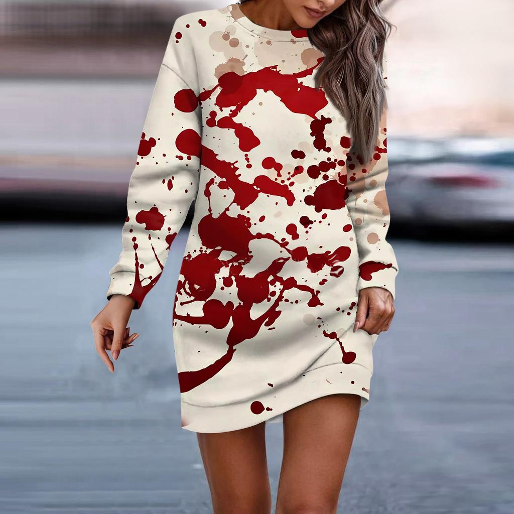 Women's Round Neck Halloween Long Sleeve Hip Dress Sweater Dress