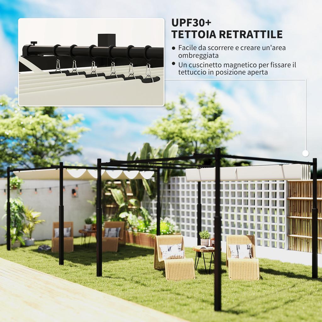 Gazebo Pergola 3x3 M with Retractable Canopy, 8 Screws and 8 Stakes, In 180g Polyester and Metal, Cream White