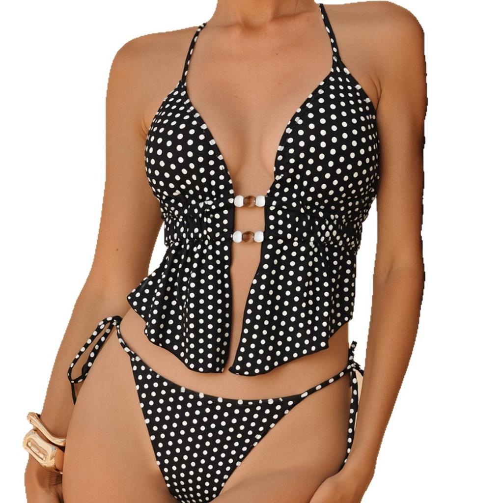 Fato de Banho Feminino Preto Bolinhas Sexy Decote Halter Costas Nuas Amarrado nas Laterais Fato de Biquíni Roupa de Praia Fatos de Banho