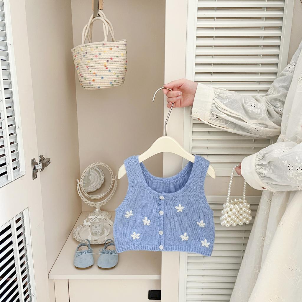 Super Korean Baby Spring Knitted Vest Three-Piece New Girls Sweet Suspender Doll Collar Bottom Shirt Straight Pants