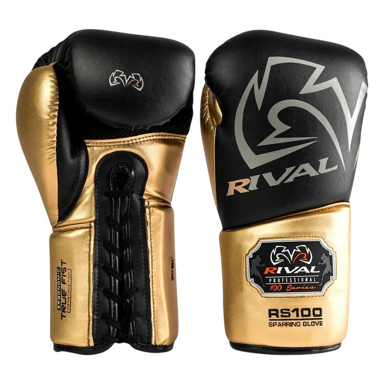 Rival RS100 Professional Sparring Bokshandschoenen – Multi‑Layer Foam – Wrist Lock 2™ – Zwart/Goud - 14 OZ