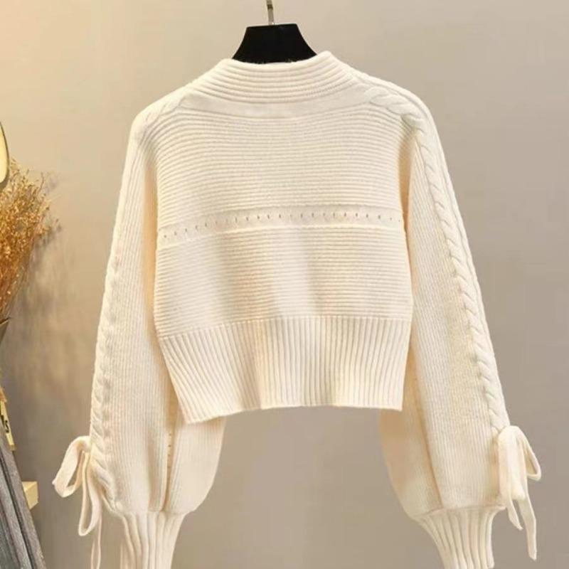 Temperament Thickened and Thin Knitted Cardigan Women's Winter Loose Short High-waisted V-neck Sweater Lantern Sleeve Jacket Top