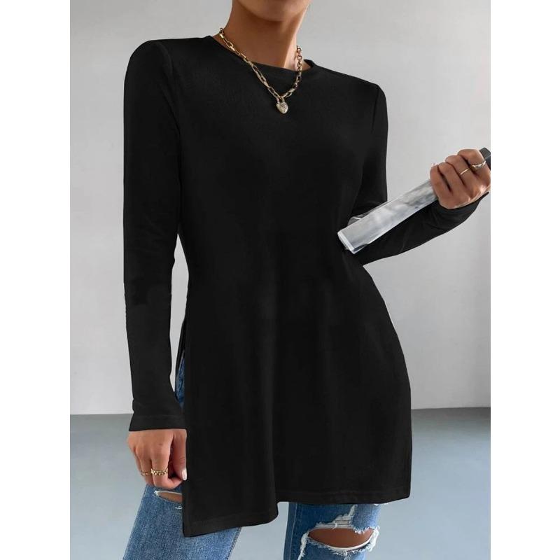 Casual Long Sleeve T Shirt Solid Color Split Hem Round Neck