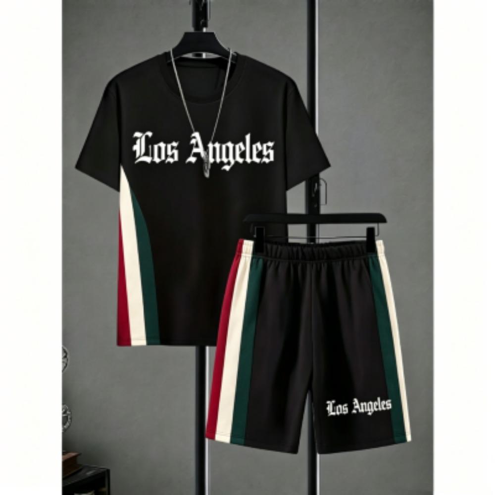 Fashion Men's Set Striped Grid Printed Men's T-shirt and Shorts 2 Piece Set Summer Casual Outdoor Men's and Women's T-shirt Sets
