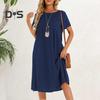 Women Dress Round Neck Short Sleeve Knee-Length Solid Color Dress with Pockets Loose Fit Summer Dress