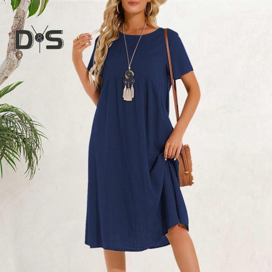 Women Dress Round Neck Short Sleeve Knee-Length Solid Color Dress with Pockets Loose Fit Summer Dress