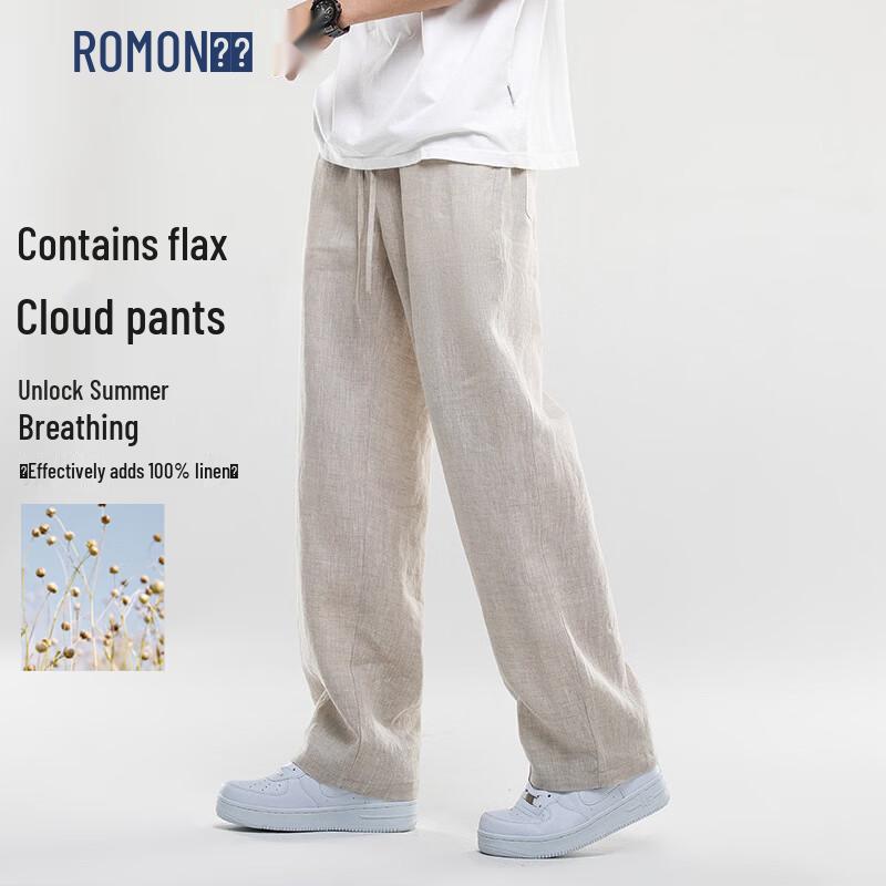 ROMON Men s Chinese Style Loose Straight Linen Casual Pants 5XL