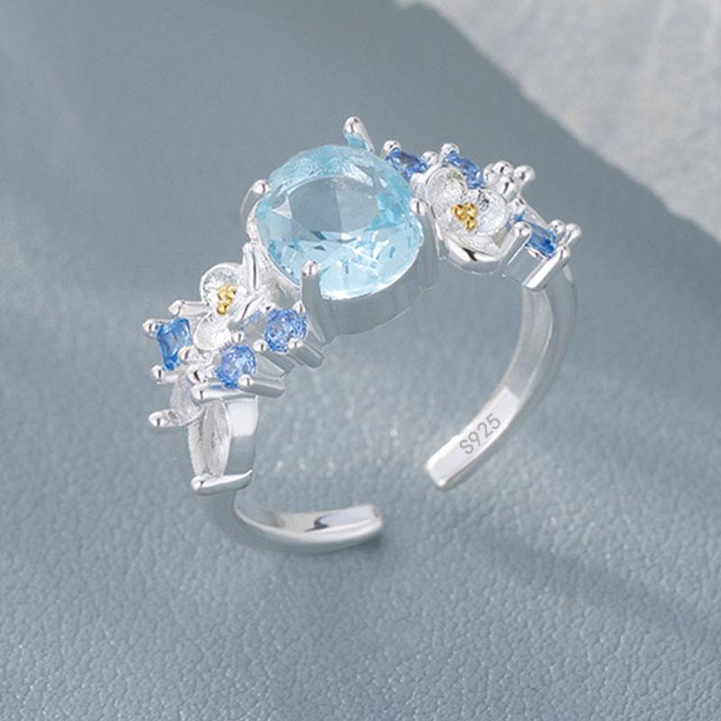 925 Sterling Silver Rings For Women Geometric Fine Jewelry Finger Adjustable Simple Blue Stone Leaf Ring For Party Birthday Gift