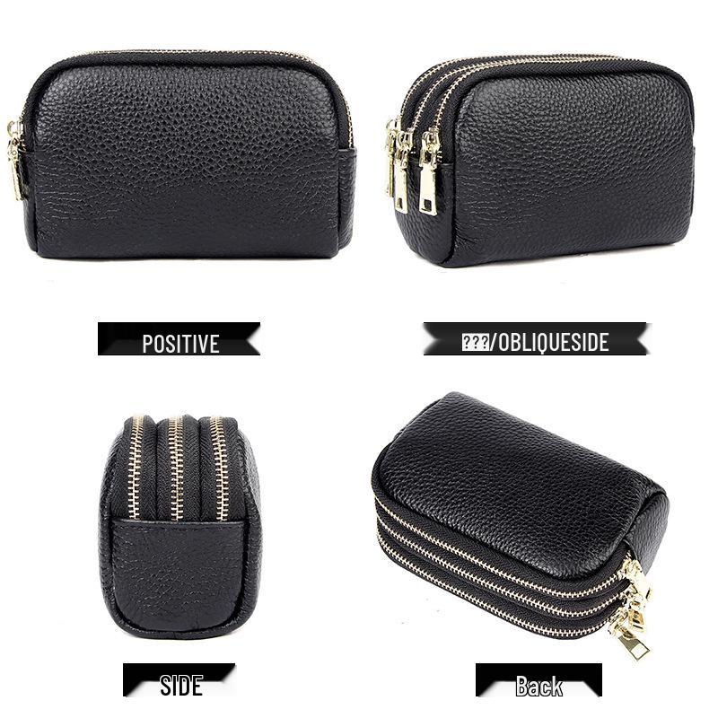 Women's Genuine Leather Three-Zipper Coin and Key Clutch