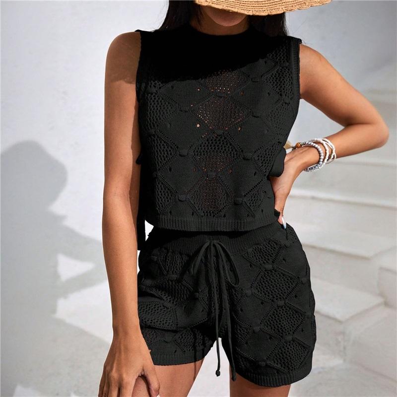 European And American Handmade Knitwear Blouse Sleeveless Loose Casual Seaside Vacation Suit Top Shorts Two Piece Suit
