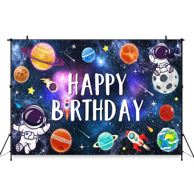 Mocsicka Outer Space Happy Birthday Backdrops Astronaut Planet Rocket Photography Backgrounds Boys Party Cake Table Photo Banner