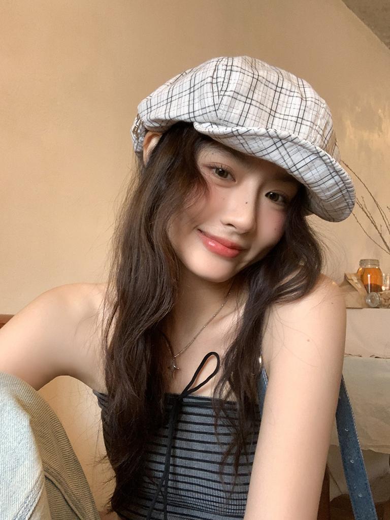 Plaid beret women's spring summer thin versatile face small octagonal hat big head circumference painter hat