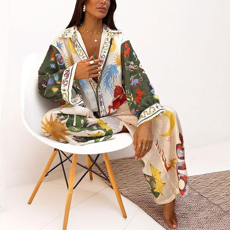 Women's Clothing Autumn and Winter New Temperament Fashion Loose Casual Printed Shirt Wide Leg Pants Suit Women