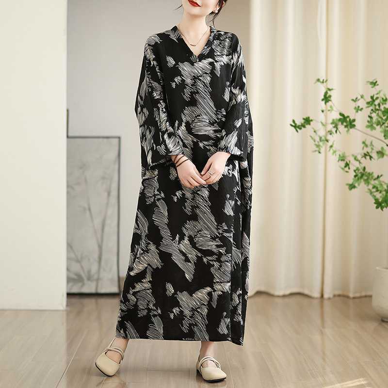 Colorful Travel V-neck Retro Long Skirt Cotton Linen Dress