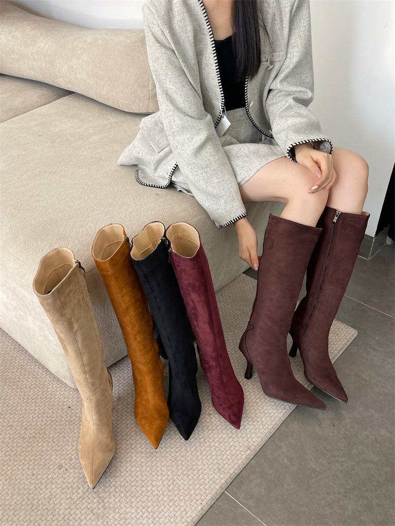 2025 new high-heeled pointed side zipper high women's boots