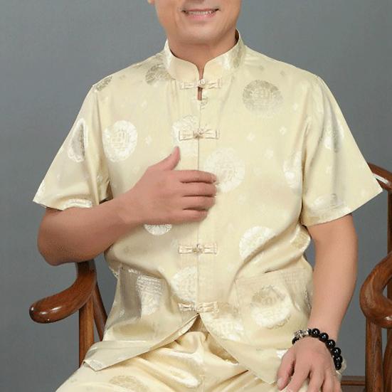 Men Shirt Blessing Pattern Knot Buckle Short Sleeve Solid Color Stand Collar Tang Suit Shirt Kung Fu Clothes for Chinese New Year