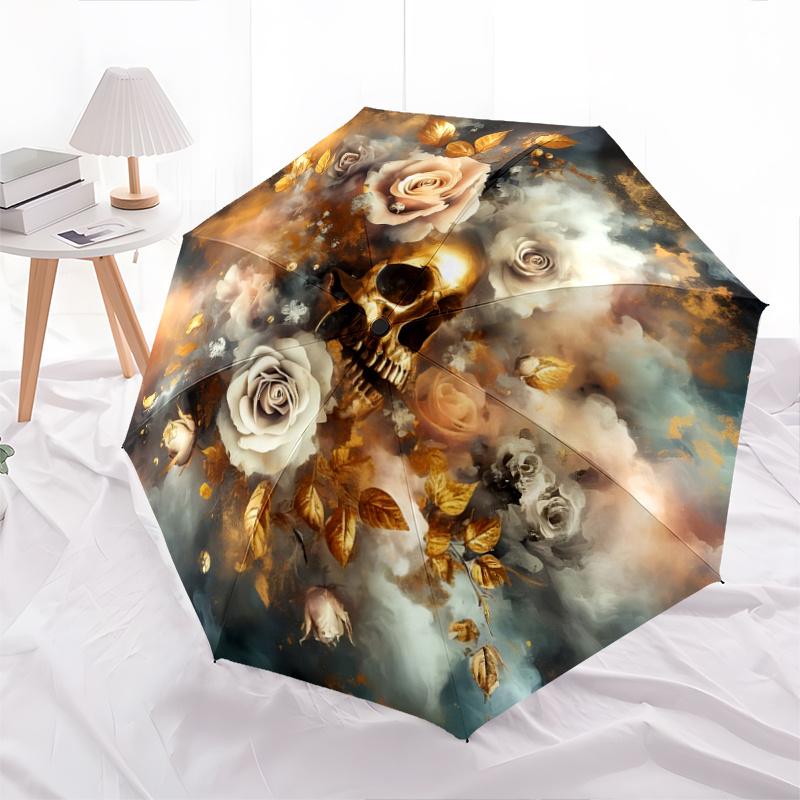 

1pc Golden Skull amidst Roses Cartoon Umbrella, Portable 3-Fold Compact Umbrella, Suitable for Camping, Hiking and Travel, Ideal Easter Birthday
