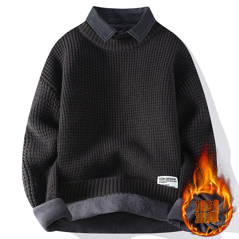 

Men s Winter Contrast Collar Sweater, Plus Velvet Knitwear, Thick Warm Casual Layered Look. 4XL fits 165-180 jin