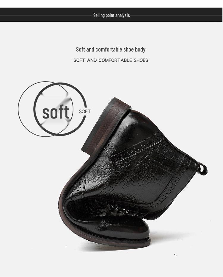 Men's Brogue Ankle Boots: Carved Cowhide High-Top, Pointed Toe, Autumn/Winter Fashion, Large Size.