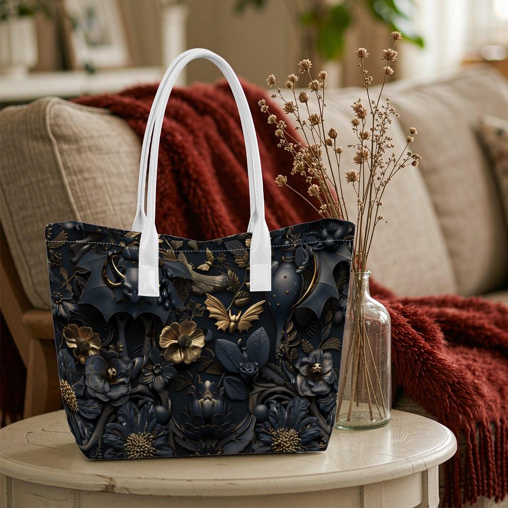 Gothic Black Gold Bat Floral Casual Large Shoulder Shopping Tote Bag