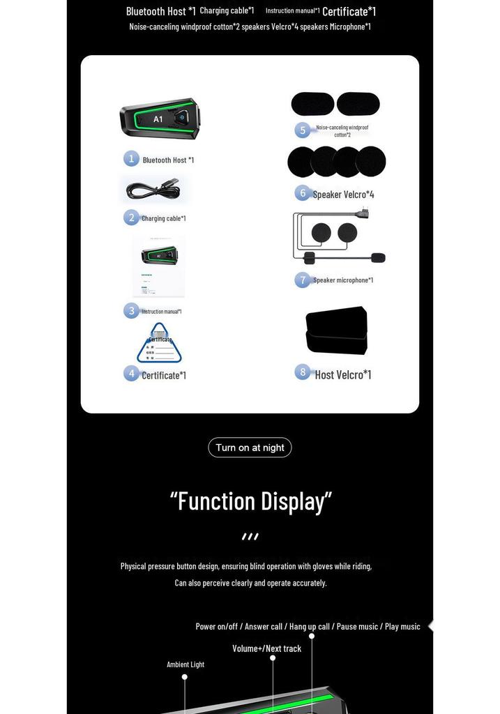 A1 Bluetooth Full Face Helmet Earphones, Waterproof Noise-Cancelling Motorcycle Intercom
