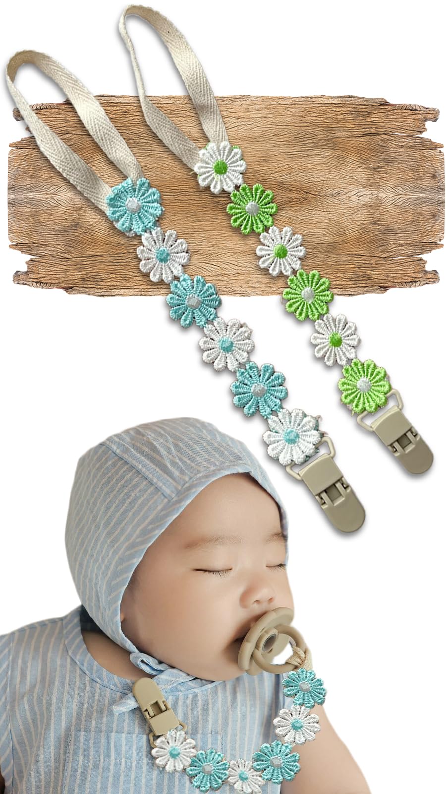 

Set of 2 Pacifier Pacifier and Daisy Blue Light Holders, Straps, Clips, (Light & Green)