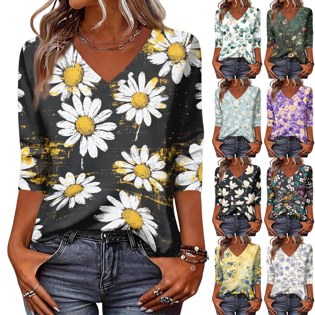 Women V Neck Floral Print Top with Three Quarter Sleeves Loose Fit Blouse Lightweight Casual Shirt for Daily Wear