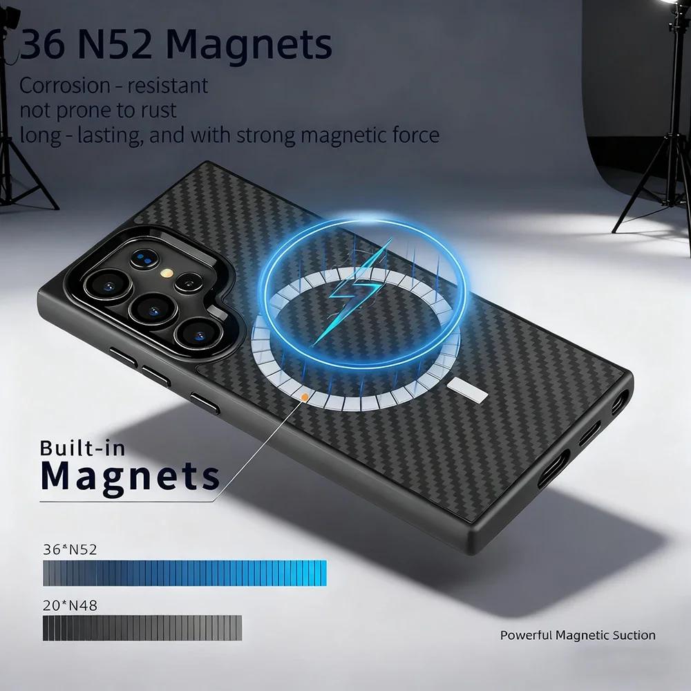 Classic Texture Carbon Fiber MagSafe Case For Samsung Galaxy S25 S24 Plus Ultra Alloy Lens Shockproof Cover