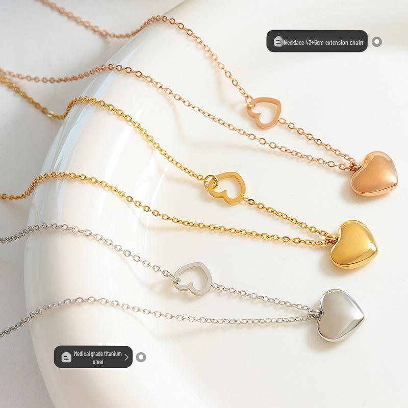 Blogger's Double Peach Heart Necklace: 18K Gold-Plated Titanium Steel Clavicle Chain P221