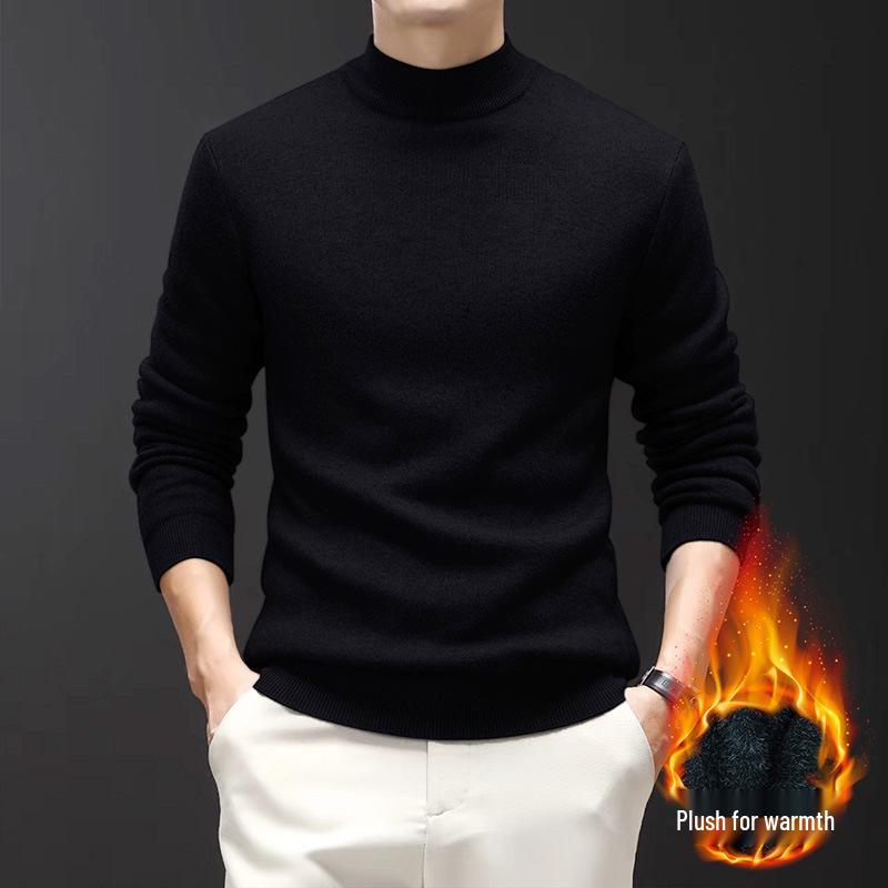 Men s Warm Velvet-Lined Fleece Knit Sweater - Winter Casual Solid Color 2XL