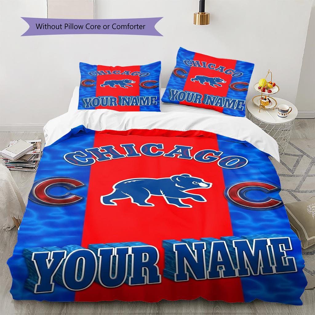 Name Custom Chicago Cubs Pattern Bedding Set Quilt Cover Pillowcase Home Decor Gift (1 * Duvet Cover + 2 * Pillowcase, Without Core)