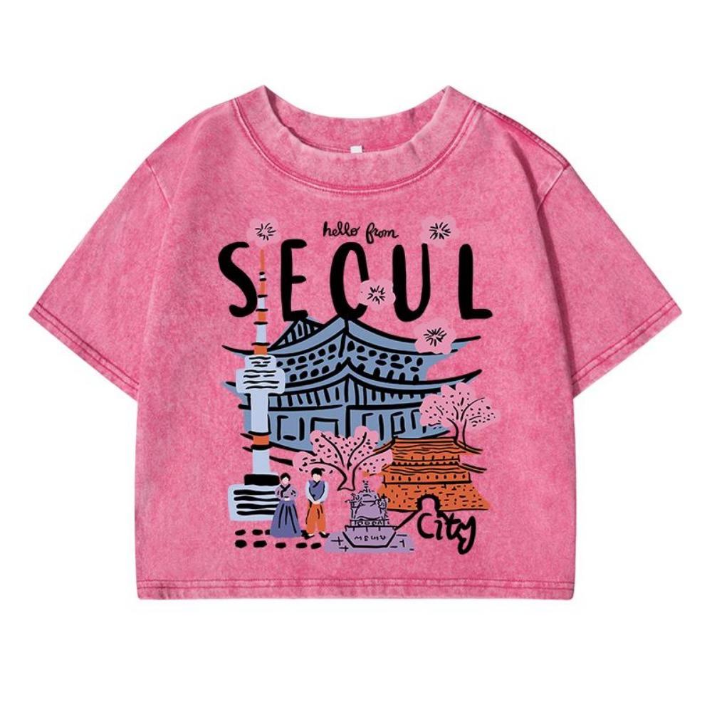 Seoul Beautiful Scenery Printing Female Washed Short T Shirts Breathable T-Shirt Street Clothes Distress Tshirts