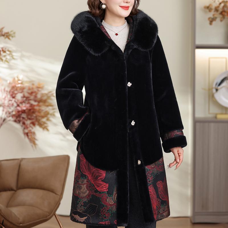 Nositelný z obou stran Dámský dlouhý kabát z umělé kožešiny pro ženy středního věku ve velkých velikostech Zimní svrchní oděv s kapucí Elegantní Hřejivá silná kožešinová bunda pro ženy Oblečení
