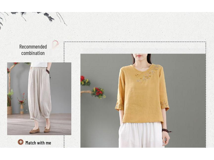 Ethnic Style Cotton-Linen Embroidered T-Shirt: Artistic Retro, Buttoned, Round Neck, Short Sleeve, Summer Loose Fit for Women