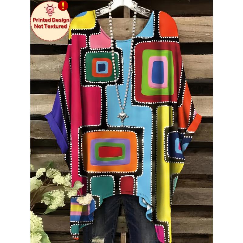 Summer New Women s Plus Casual Comfortable Colorful Love Graffiti Pattern Printed Bat Sleeve Women s Top 1XL