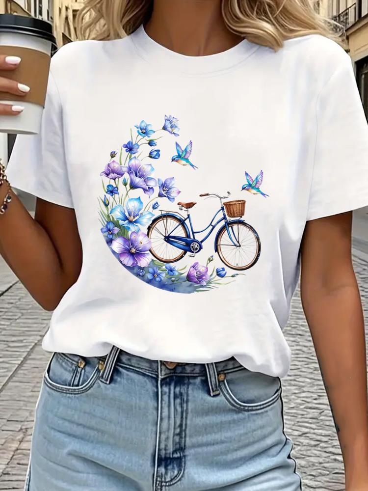 (Asian Size) Tee Top Print Sweet Lovely Style Trend Women Woman Fashion Clothing Short Sleeve T Shirt  Female Graphic T-shirts