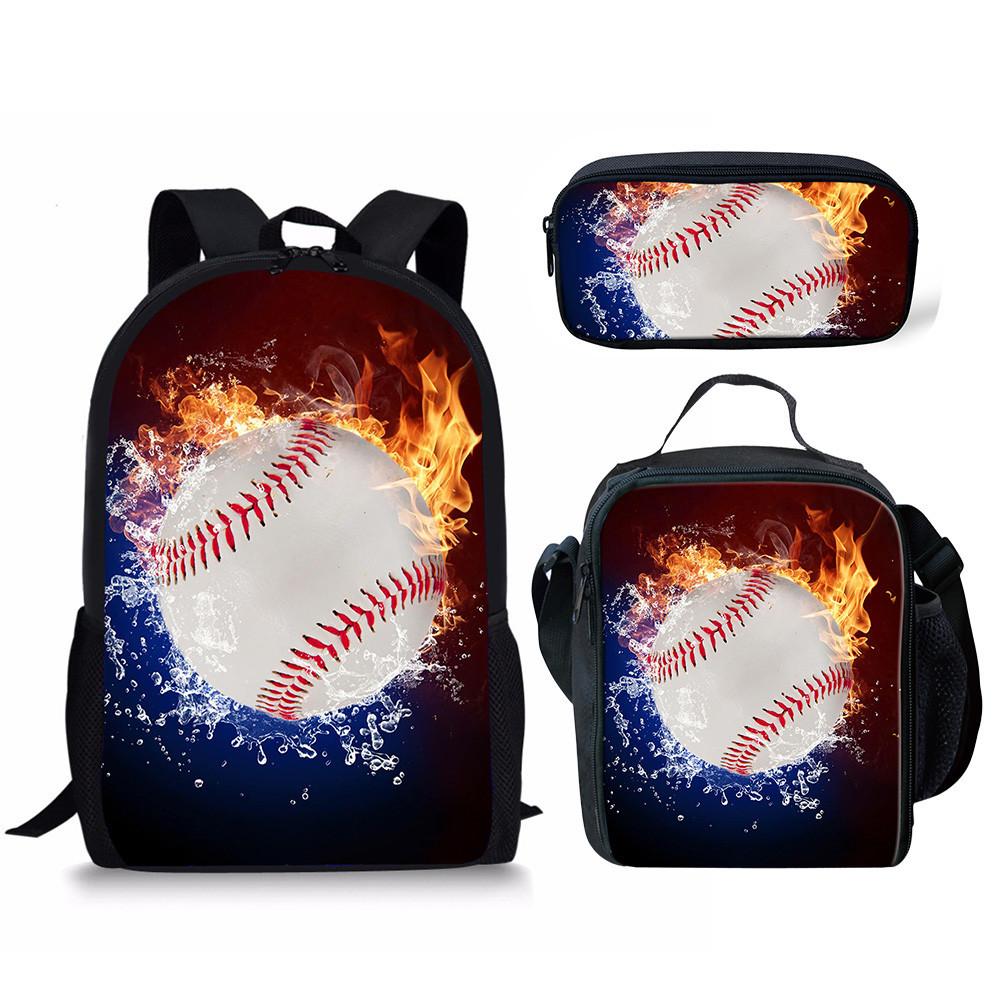 Backpack Basketball Water Fire Baseball Pattern School Bag Backpack Meal Bag Pencil Bag Three-Piece Set