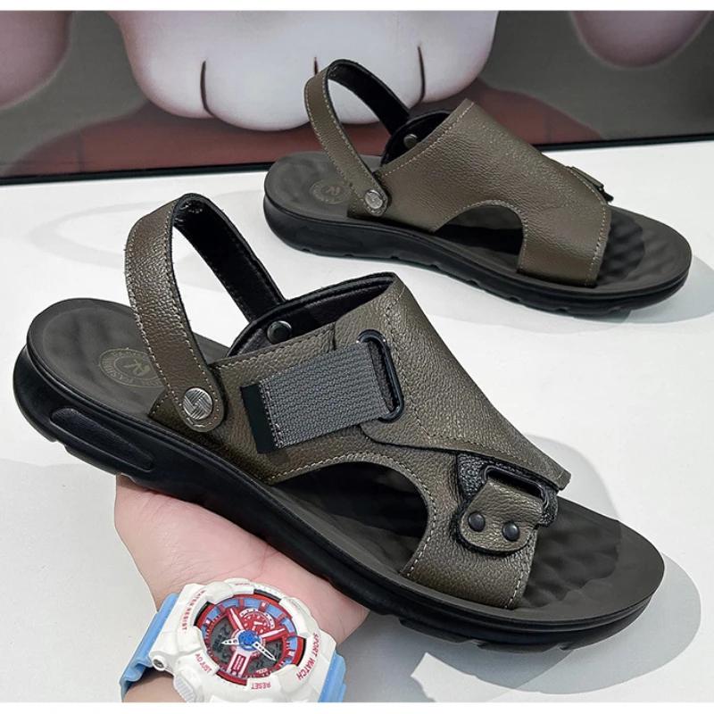 Fashion Men's  Dual-purpose Leather Men's Summer Fashionable Beach Shoes with Soft Soles and One-piece Sandals for External Wear
