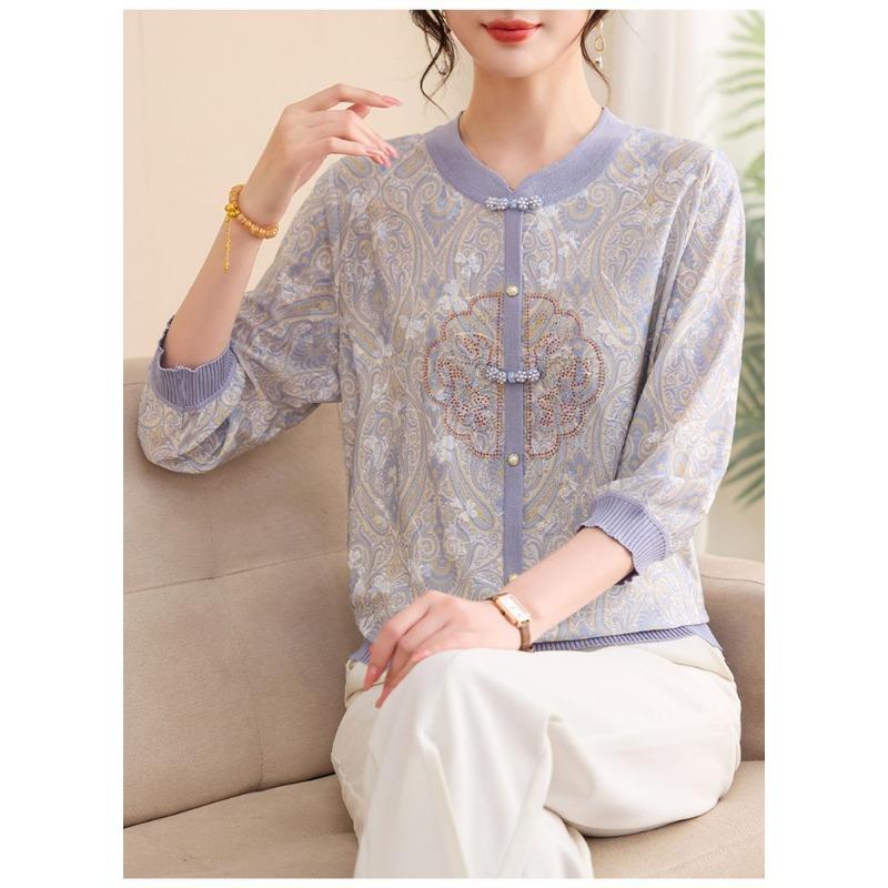 Womens Chinese Style Knit Blouse Floral Print 3/4 Sleeve Button Down Casual Top