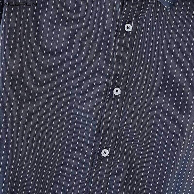 INCERUN Plus Size Men Lapel Neck Long Sleeve Lace-up Striped Loose Casual Long Shirts