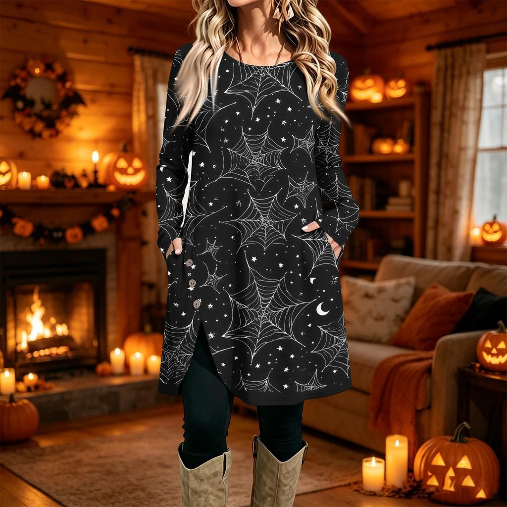 Women's Casual Printed Long Sleeve Neck Dress for Daily Wear